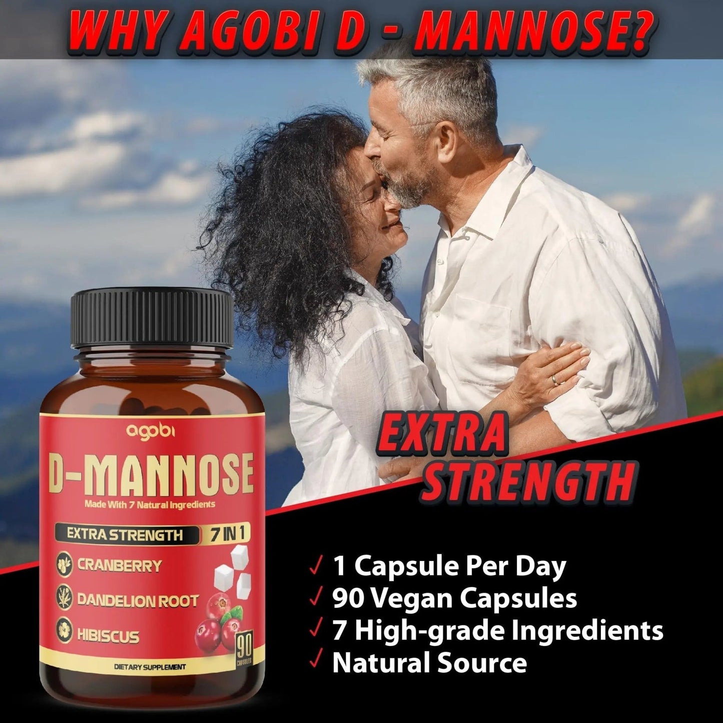 agobi D-Mannose Capsules - 7 Herbs with Cranberry, Dandelion, Hibiscus and More - Support Flush Impurities and Urinary Tract Health - 90 Vegan Capsules 3-Month Supply - dailyvitalstore