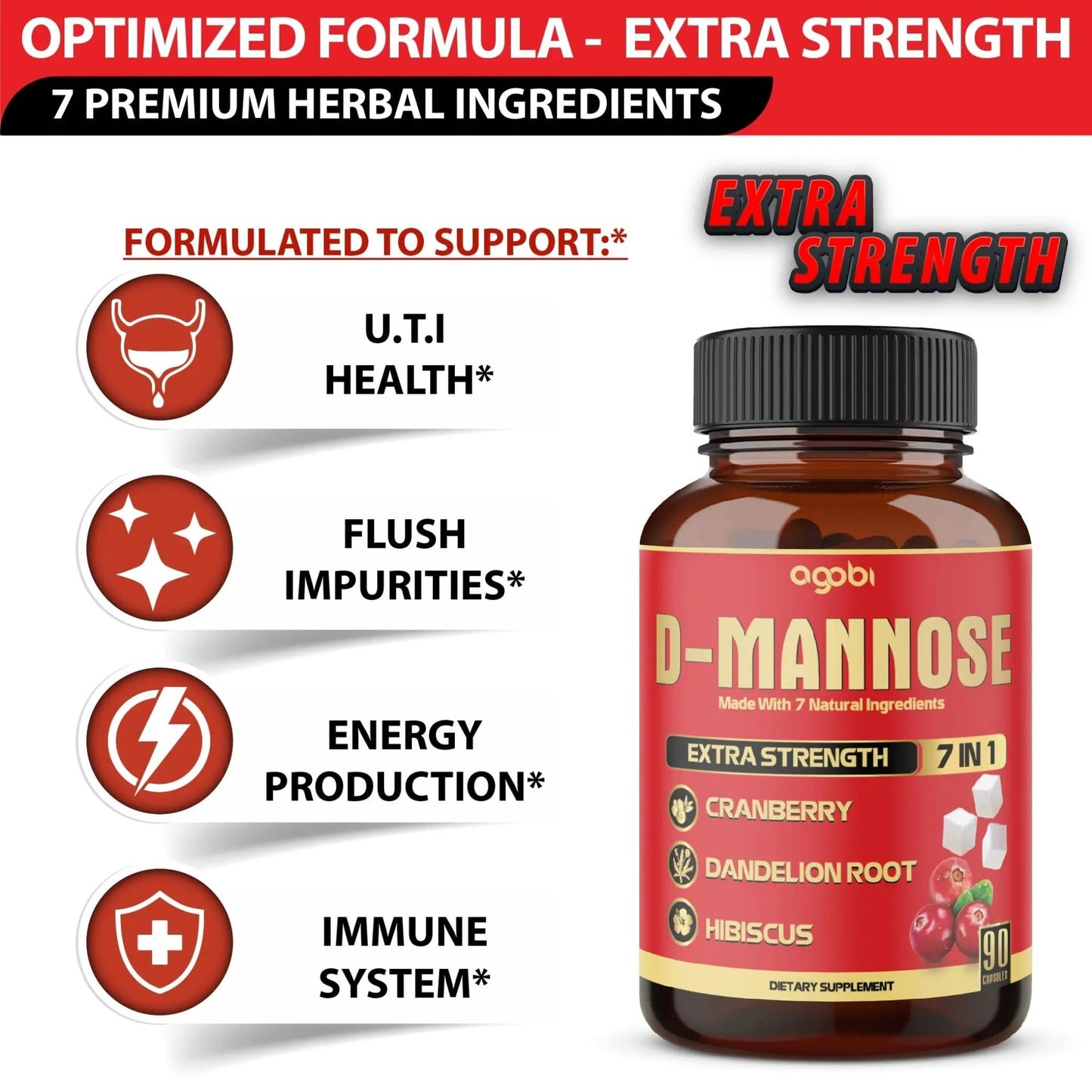 agobi D-Mannose Capsules - 7 Herbs with Cranberry, Dandelion, Hibiscus and More - Support Flush Impurities and Urinary Tract Health - 90 Vegan Capsules 3-Month Supply - dailyvitalstore