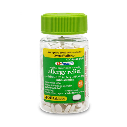 A+Health Cetirizine HCl 10mg Tablets, 24 Hour Allergy, Antihistamine, Indoor & Outdoor Allergies, Relief from Sneezing, Itchy Throat, Watery Eyes, 400 Count - dailyvitalstore