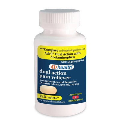 A+Health Dual Action Acetaminophen 250 mg and Ibuprofen (NSAID) 125mg Pain Reliever Caplets, 216 Count, 2 Medicines in 1 Caplet, Up to 8 Hours of Pain Relief - dailyvitalstore