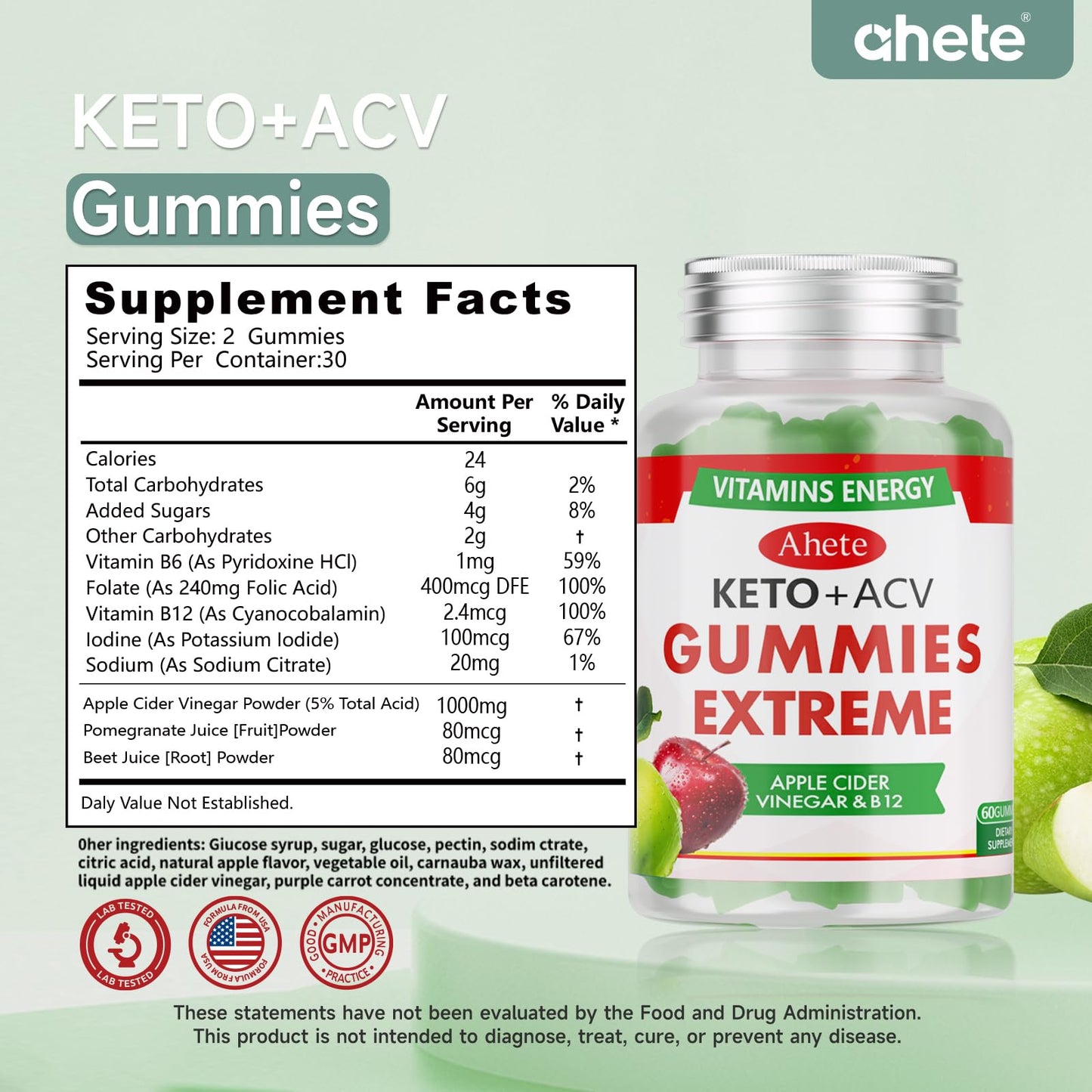 Ahete Keto Apple Cider Vinegar Gummies with Vitamin B6, B12, Folate & Beet Root, Keto ACV Gummies Supports Daily Wellness & Metabolism, Natural Apple Flavor, 60 Gummies (30 Day Supply) - dailyvitalstore