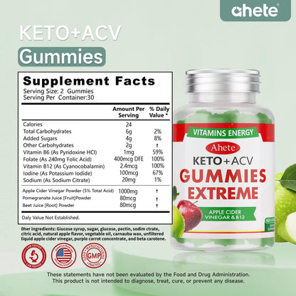Ahete Keto Apple Cider Vinegar Gummies with Vitamin B6, B12, Folate & Beet Root, Keto ACV Gummies Supports Daily Wellness & Metabolism, Natural Apple Flavor, 60 Gummies (30 Day Supply) - dailyvitalstore