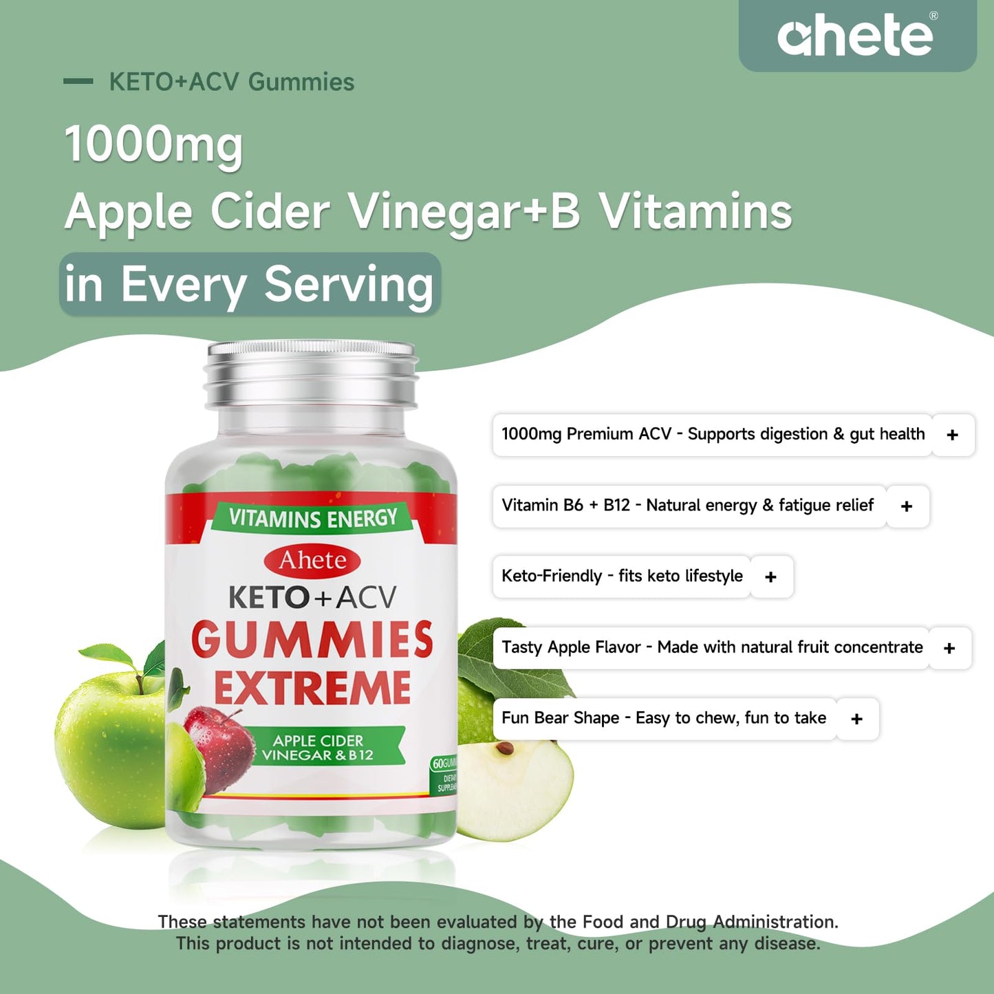 Ahete Keto Apple Cider Vinegar Gummies with Vitamin B6, B12, Folate & Beet Root, Keto ACV Gummies Supports Daily Wellness & Metabolism, Natural Apple Flavor, 60 Gummies (30 Day Supply) - dailyvitalstore