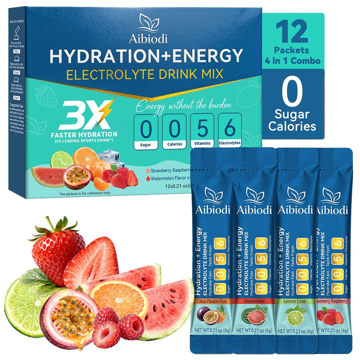 Aibiodi Electrolytes Powder Packets - Sugar Free & Zero Calorie Liquid Daily IV Drink Mix - Instant Hydration & Energy Supplement with 6 Electrolytes and 5 Vitamins - dailyvitalstore