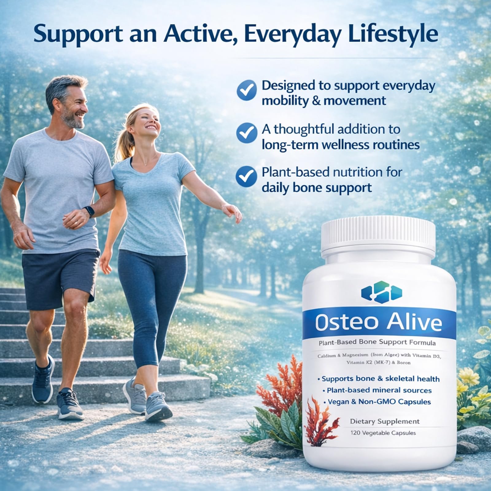 AIFBENK Osteo Alive Bone Support, with Plant-Based Calcium & Magnesium (from Algae), Vitamin D3 (from Lichen), Vitamin K2 (MK-7), Boron & BioPerine, Helps Support Bone & Skeletal Health - dailyvitalstore