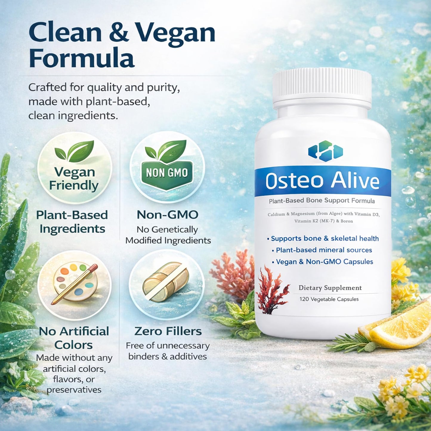 AIFBENK Osteo Alive Bone Support, with Plant-Based Calcium & Magnesium (from Algae), Vitamin D3 (from Lichen), Vitamin K2 (MK-7), Boron & BioPerine, Helps Support Bone & Skeletal Health - dailyvitalstore