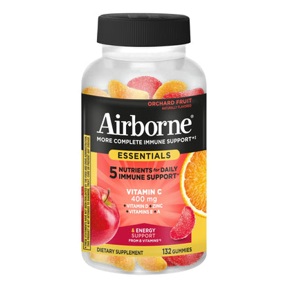 Airborne 400mg Vitamin C Gummies for Adults & Children, Immune Essentials Daily Immune Support Supplement with Vitamins C & E - Orchard Fruit Flavor, 132 Gummies (Pack of 2) - dailyvitalstore