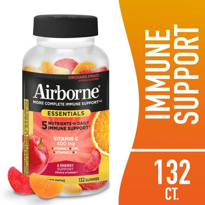 Airborne 400mg Vitamin C Gummies for Adults & Children, Immune Essentials Daily Immune Support Supplement with Vitamins C & E - Orchard Fruit Flavor, 132 Gummies (Pack of 2) - dailyvitalstore
