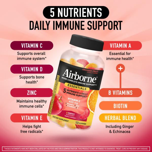 Airborne 400mg Vitamin C Gummies for Adults & Children, Immune Essentials Daily Immune Support Supplement with Vitamins C & E - Orchard Fruit Flavor, 132 Gummies (Pack of 2) - dailyvitalstore