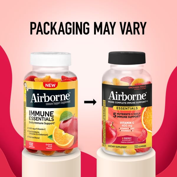 Airborne 400mg Vitamin C Gummies for Adults & Children, Immune Essentials Daily Immune Support Supplement with Vitamins C & E - Orchard Fruit Flavor, 132 Gummies (Pack of 2) - dailyvitalstore