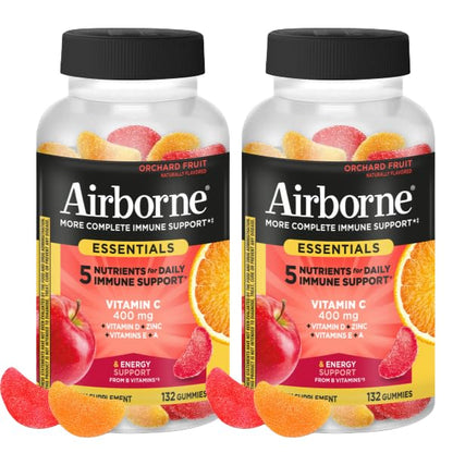 Airborne 400mg Vitamin C Gummies for Adults & Children, Immune Essentials Daily Immune Support Supplement with Vitamins C & E - Orchard Fruit Flavor, 132 Gummies (Pack of 2) - dailyvitalstore