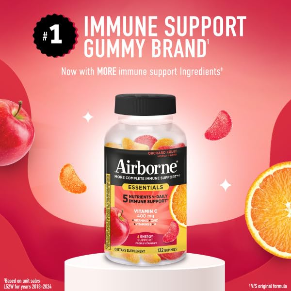 Airborne 400mg Vitamin C Gummies for Adults & Children, Immune Essentials Daily Immune Support Supplement with Vitamins C & E - Orchard Fruit Flavor, 132 Gummies (Pack of 2) - dailyvitalstore