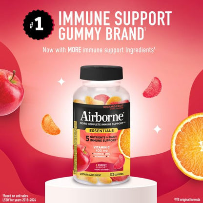 Airborne 400mg Vitamin C Gummies for Adults & Children, Immune Essentials Daily Immune Support Supplement with Vitamins C & E - Orchard Fruit Flavor, 132 Gummies (Pack of 2) - dailyvitalstore