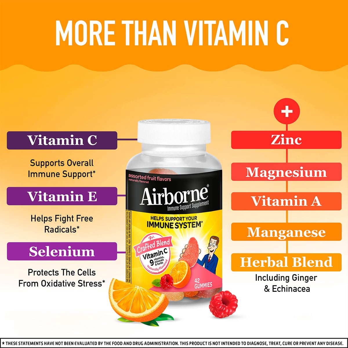 Airborne 750mg Vitamin C Immune Support Supplement Gummies for Adults, Assorted Fruit Flavor, Gluten Free Crafted Blend with Powerful Antioxidants Vitamins A C & E, 42 Gummies (2 Pack) - dailyvitalstore