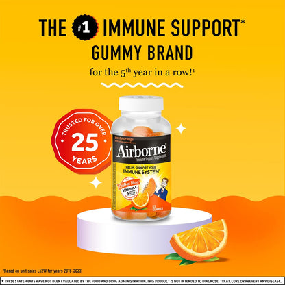 Airborne 750mg Vitamin C Immune Support Supplement Gummies for Adults, Zesty Orange Flavor, Gluten Free Crafted Blend with Powerful Antioxidants Vitamins A C & E, 63 Gummies (3 Pack) - dailyvitalstore