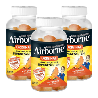 Airborne 750mg Vitamin C Immune Support Supplement Gummies for Adults, Zesty Orange Flavor, Gluten Free Crafted Blend with Powerful Antioxidants Vitamins A C & E, 63 Gummies (3 Pack) - dailyvitalstore