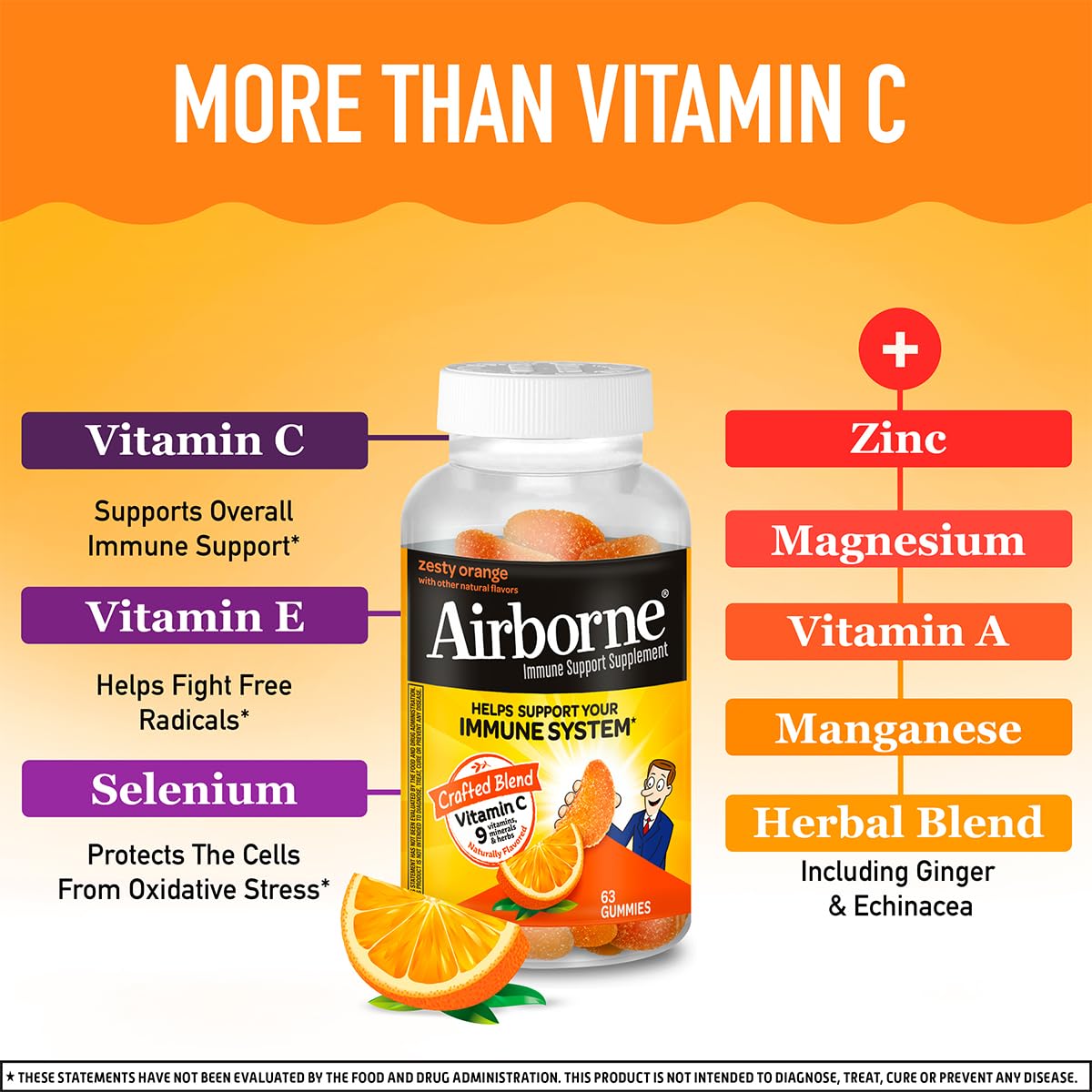 Airborne 750mg Vitamin C Immune Support Supplement Gummies for Adults, Zesty Orange Flavor, Gluten Free Crafted Blend with Powerful Antioxidants Vitamins A C & E, 63 Gummies (3 Pack) - dailyvitalstore