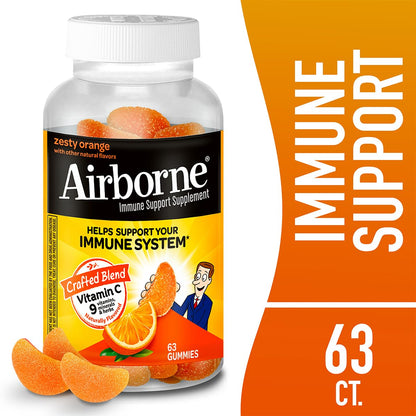 Airborne 750mg Vitamin C Immune Support Supplement Gummies for Adults, Zesty Orange Flavor, Gluten Free Crafted Blend with Powerful Antioxidants Vitamins A C & E, 63 Gummies (3 Pack) - dailyvitalstore