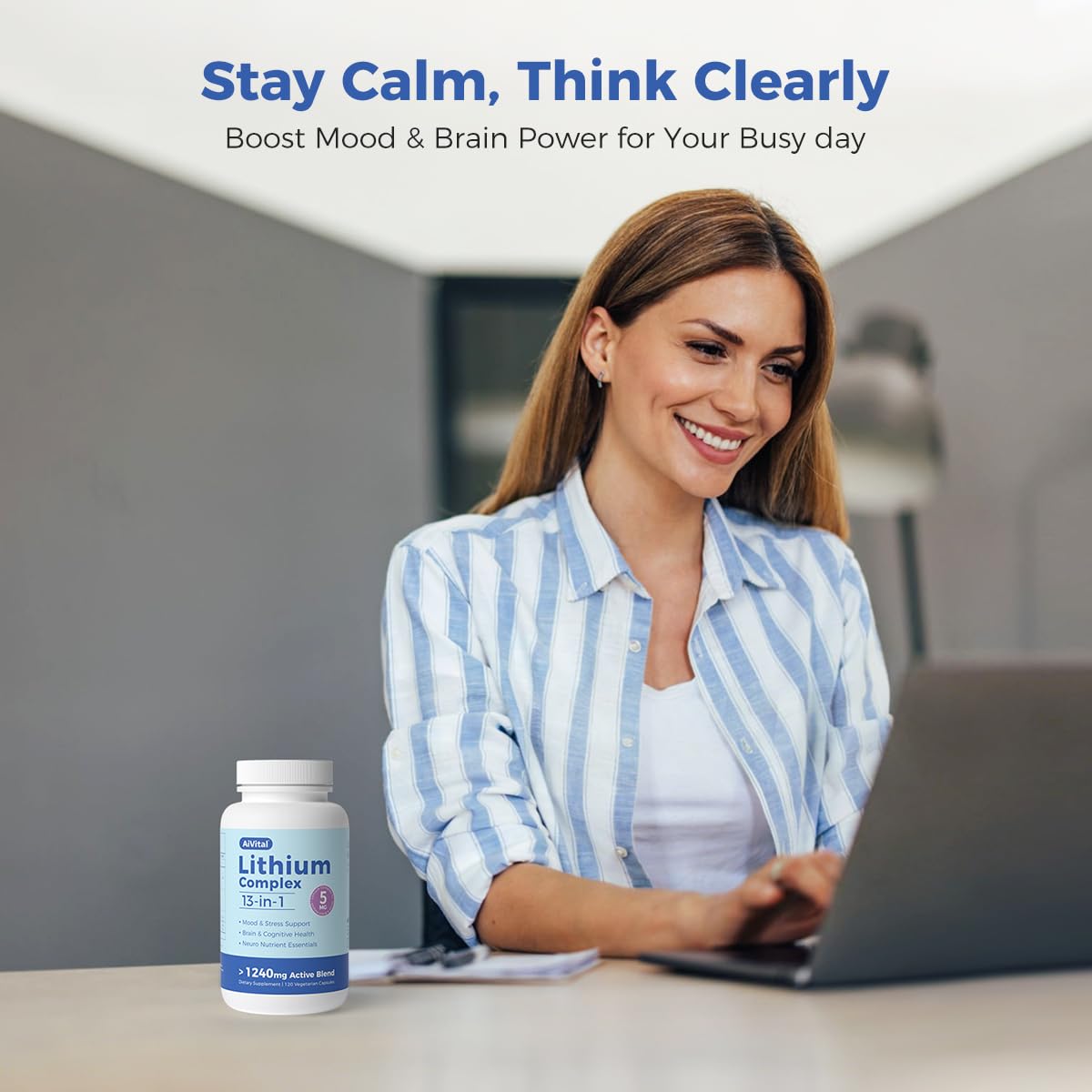 AiVital™ Lithium Orotate 5mg, 13-in-1 Lithium Supplement with Magnesium Glycinate, L-theanine & DHA for Daily Balance, Focus & Clarity, Low-Dose Formula, Non-GMO, Gluten Free, Vegan, 120 Capsules - dailyvitalstore