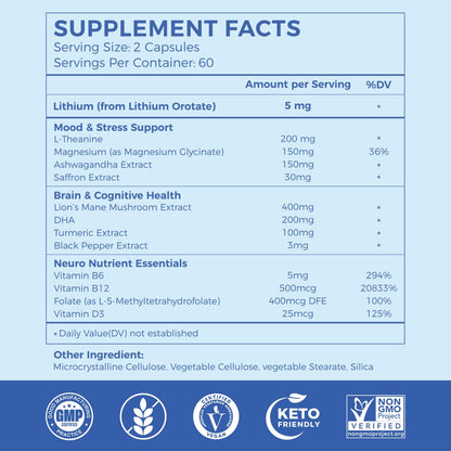 AiVital™ Lithium Orotate 5mg, 13-in-1 Lithium Supplement with Magnesium Glycinate, L-theanine & DHA for Daily Balance, Focus & Clarity, Low-Dose Formula, Non-GMO, Gluten Free, Vegan, 120 Capsules - dailyvitalstore