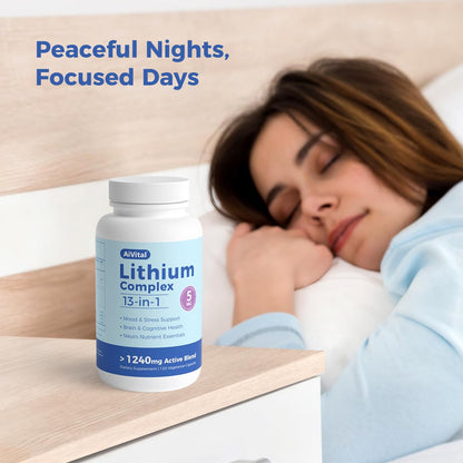 AiVital™ Lithium Orotate 5mg, 13-in-1 Lithium Supplement with Magnesium Glycinate, L-theanine & DHA for Daily Balance, Focus & Clarity, Low-Dose Formula, Non-GMO, Gluten Free, Vegan, 120 Capsules - dailyvitalstore