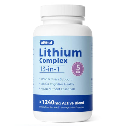 AiVital™ Lithium Orotate 5mg, 13-in-1 Lithium Supplement with Magnesium Glycinate, L-theanine & DHA for Daily Balance, Focus & Clarity, Low-Dose Formula, Non-GMO, Gluten Free, Vegan, 120 Capsules - dailyvitalstore