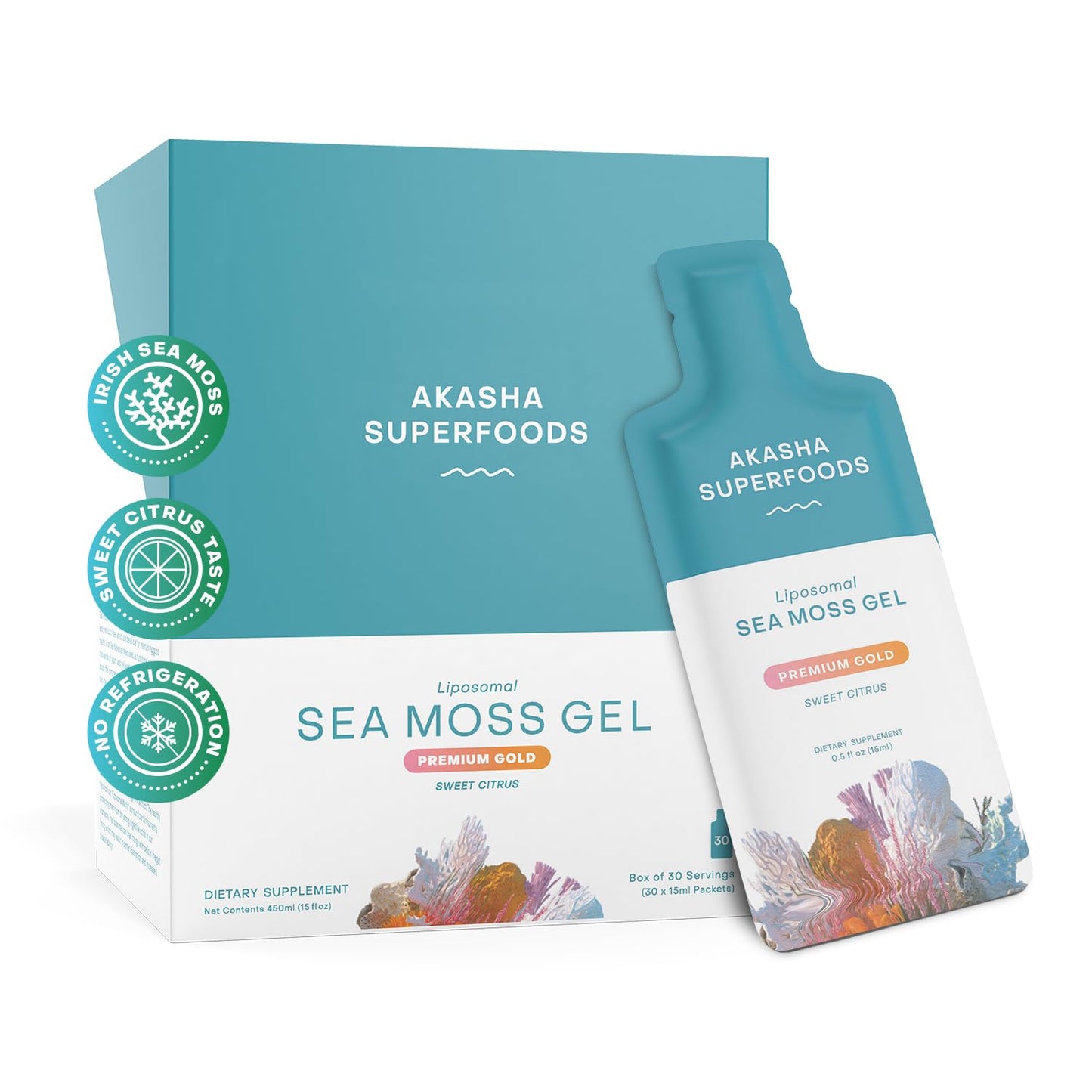 Akasha Superfoods Irish Sea Moss Gel, Liposomal Seamoss with Irish Sea Moss, Vitamin E, Citrus, Organic Vanilla, Glycerin, Skin, Energy & Gut Health Support for Women & Men, Sweet Citrus Flavor, 30 Ct - dailyvitalstore