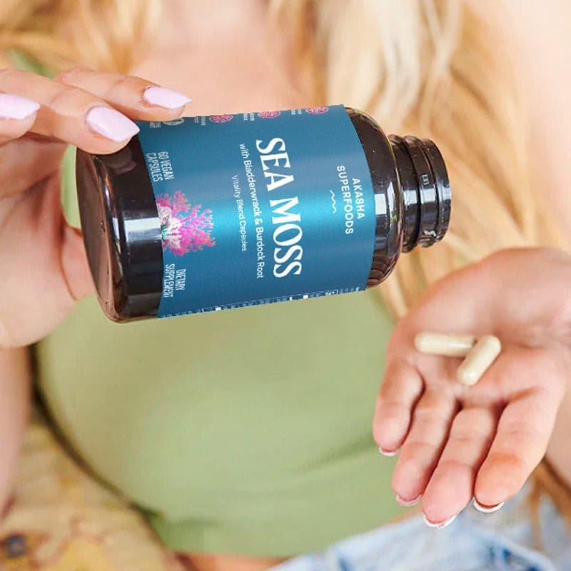Akasha Superfoods Sea Moss Capsules, Organic Irish Moss with Bladderwrack Root, Burdock Root, and BioPerine, Skin, Thyroid, Digestion & Immunity Support for Women & Men, Gluten Free, Vegan, 60 Count - dailyvitalstore