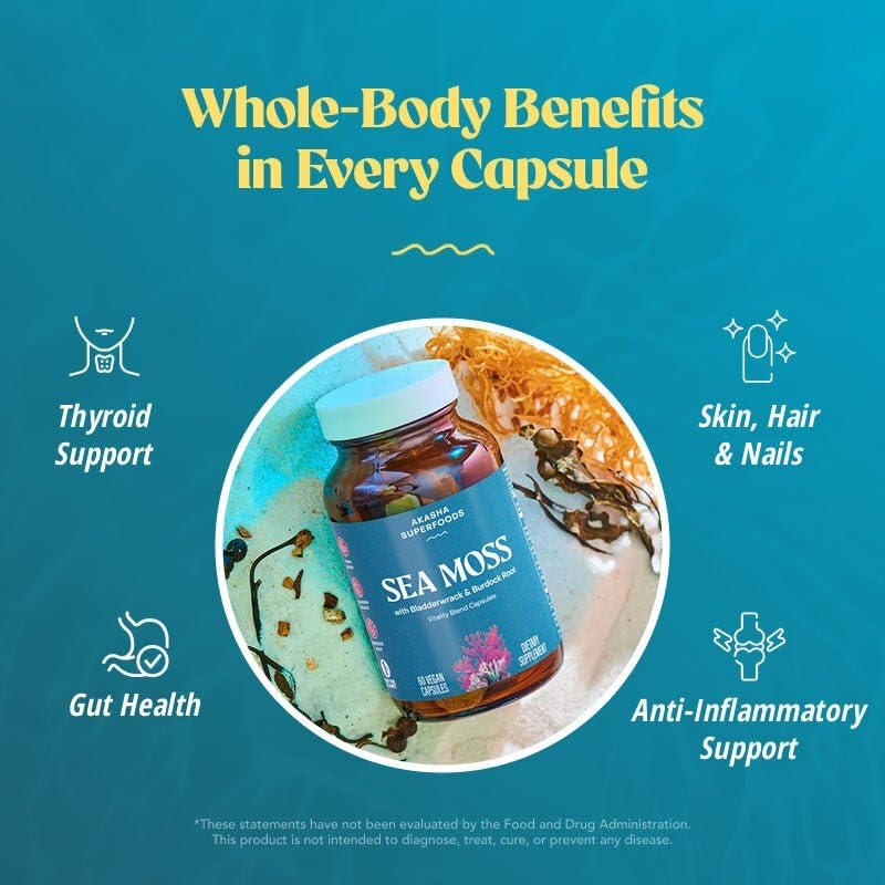 Akasha Superfoods Sea Moss Capsules, Organic Irish Moss with Bladderwrack Root, Burdock Root, and BioPerine, Skin, Thyroid, Digestion & Immunity Support for Women & Men, Gluten Free, Vegan, 60 Count - dailyvitalstore