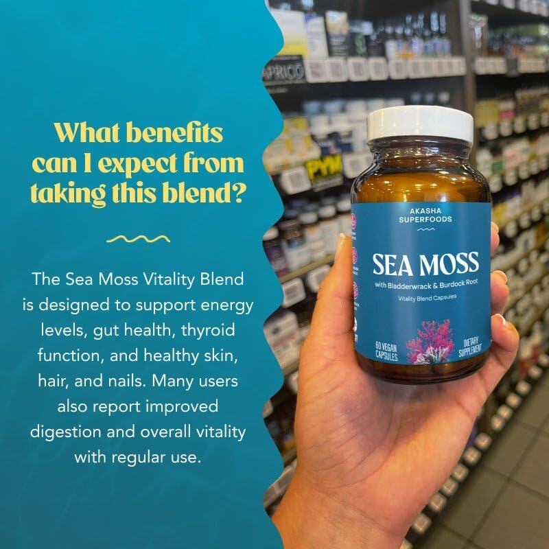 Akasha Superfoods Sea Moss Capsules, Organic Irish Moss with Bladderwrack Root, Burdock Root, and BioPerine, Skin, Thyroid, Digestion & Immunity Support for Women & Men, Gluten Free, Vegan, 60 Count - dailyvitalstore