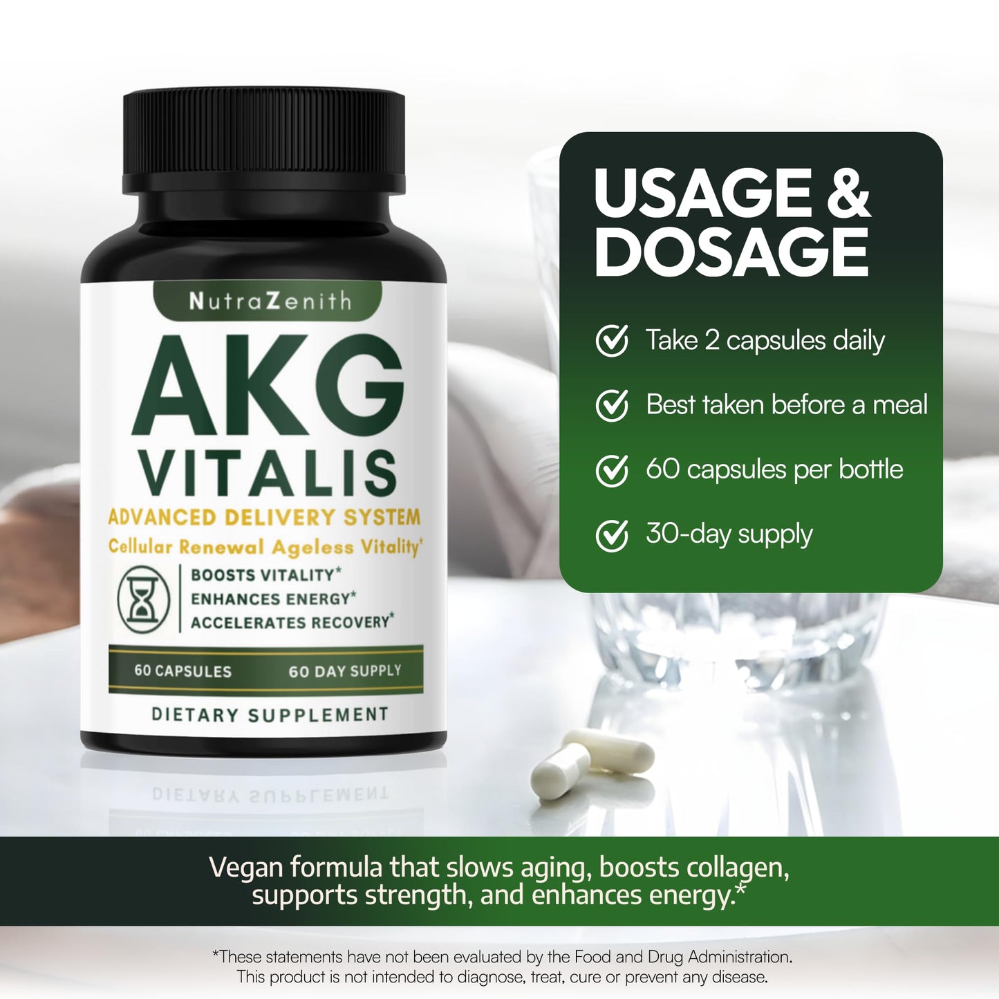 AKG Anti-Aging & Energy Boost Supplement with Vitamin B6, Vitamin C & L-Arginine – 60 Capsules for Youthful Skin, Cellular Renewal & Vitality Support - dailyvitalstore