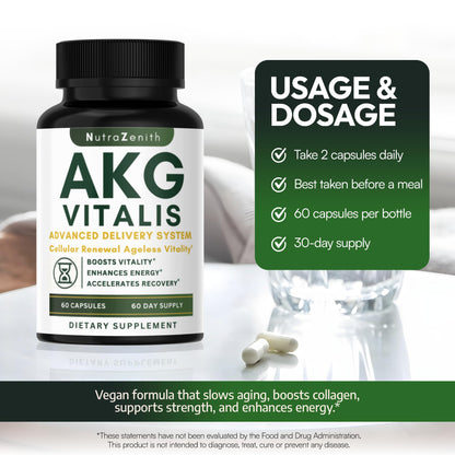 AKG Anti-Aging & Energy Boost Supplement with Vitamin B6, Vitamin C & L-Arginine – 60 Capsules for Youthful Skin, Cellular Renewal & Vitality Support - dailyvitalstore