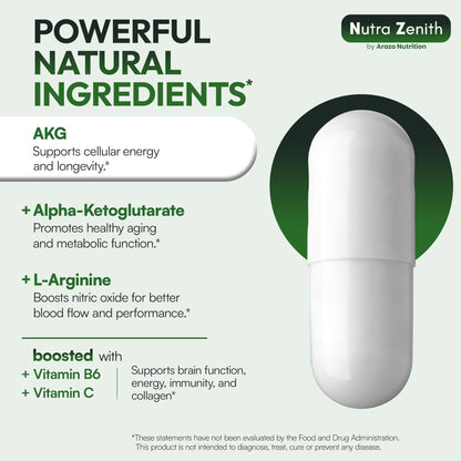 AKG Anti-Aging & Energy Boost Supplement with Vitamin B6, Vitamin C & L-Arginine – 60 Capsules for Youthful Skin, Cellular Renewal & Vitality Support - dailyvitalstore