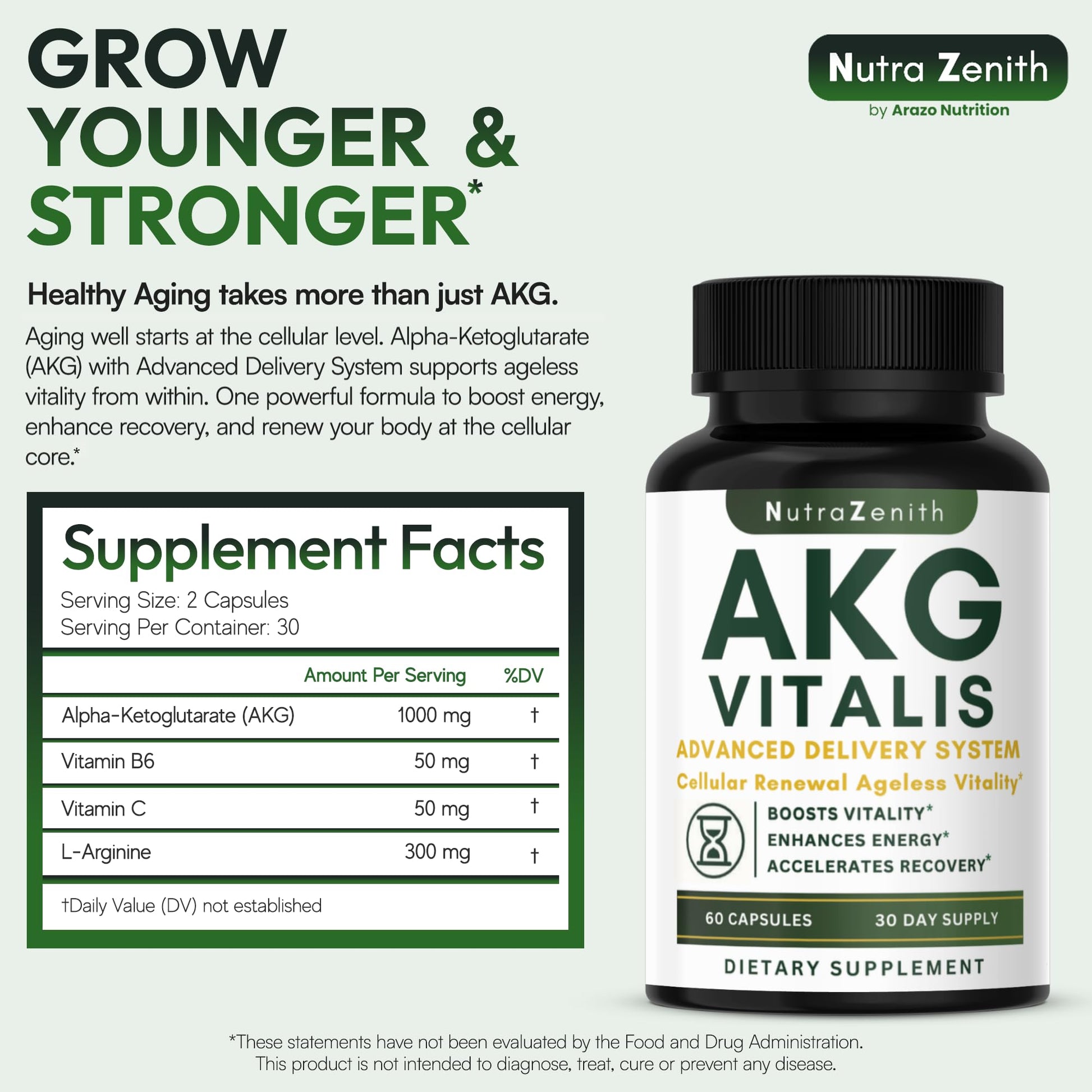 AKG Anti-Aging & Energy Boost Supplement with Vitamin B6, Vitamin C & L-Arginine – 60 Capsules for Youthful Skin, Cellular Renewal & Vitality Support - dailyvitalstore