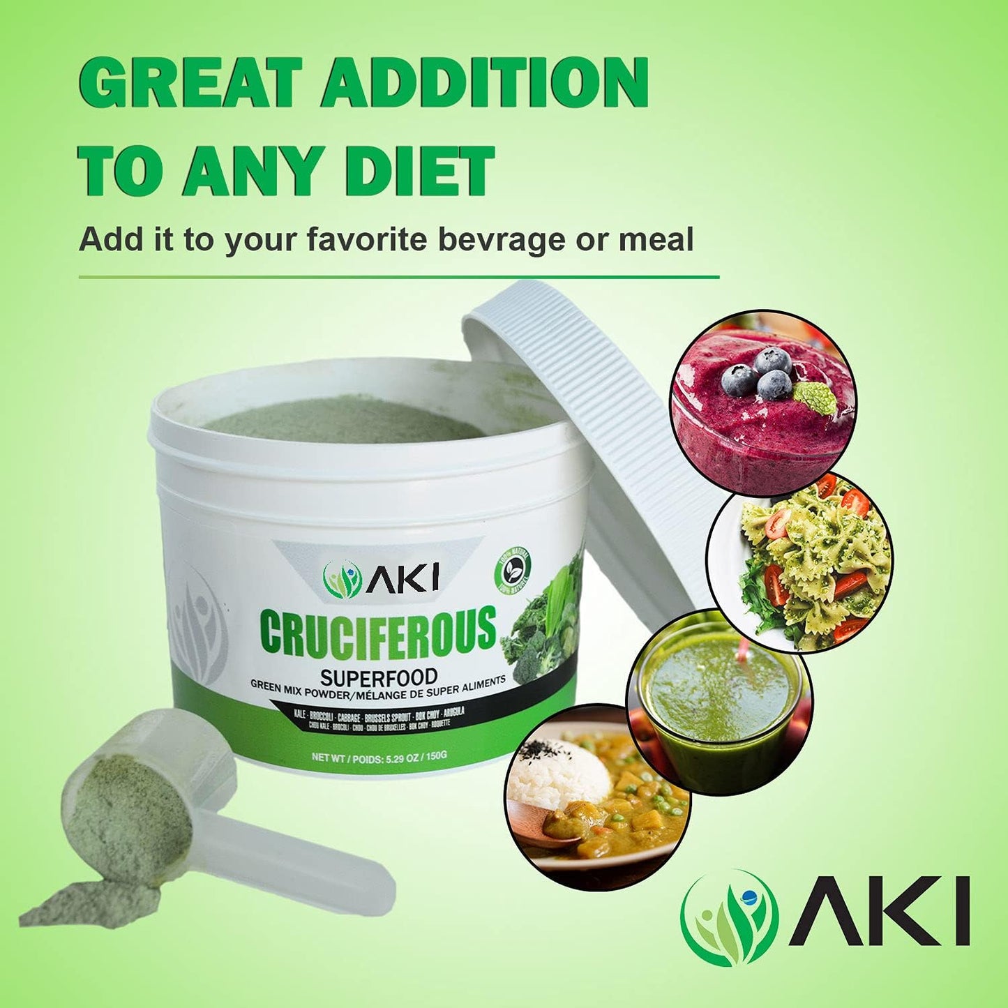 AKI Cruciferous Superfood Green Mix Powder - Made from Kale, Broccoli, Brussels Sprouts, Cabbage - Packed with Essential Phytonutrients & Vitamins ((5.3oz/150g)) - dailyvitalstore