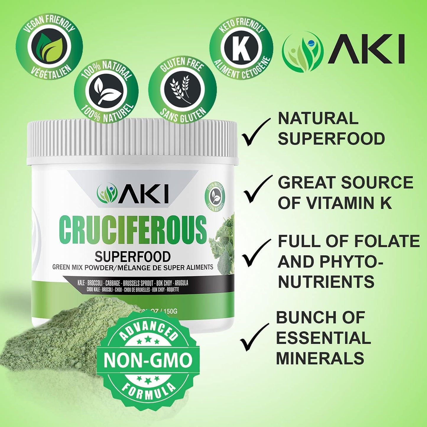 AKI Cruciferous Superfood Green Mix Powder - Made from Kale, Broccoli, Brussels Sprouts, Cabbage - Packed with Essential Phytonutrients & Vitamins ((5.3oz/150g)) - dailyvitalstore