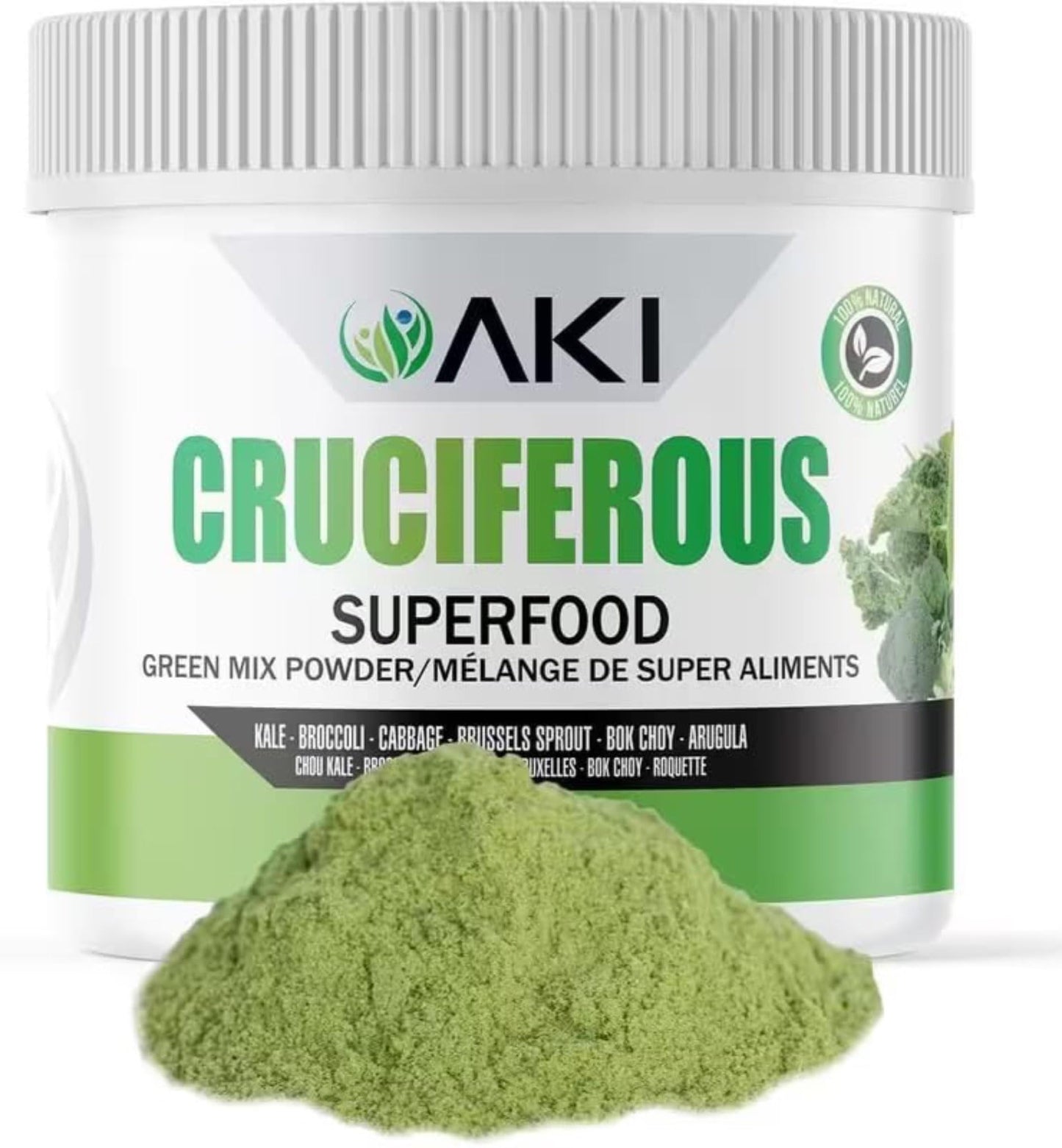 AKI Cruciferous Superfood Green Mix Powder - Made from Kale, Broccoli, Brussels Sprouts, Cabbage - Packed with Essential Phytonutrients & Vitamins ((5.3oz/150g)) - dailyvitalstore