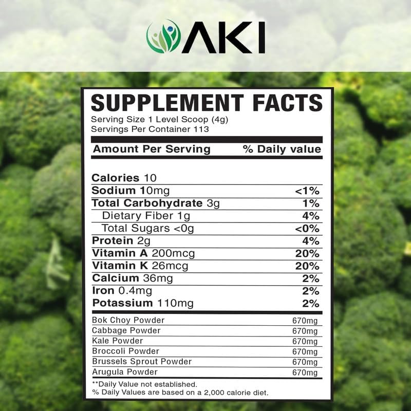 AKI Cruciferous Superfood Green Mix Powder - Made from Kale, Broccoli, Brussels Sprouts, Cabbage - Packed with Essential Phytonutrients & Vitamins ((5.3oz/150g)) - dailyvitalstore