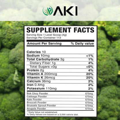 AKI Cruciferous Superfood Green Mix Powder - Made from Kale, Broccoli, Brussels Sprouts, Cabbage - Packed with Essential Phytonutrients & Vitamins ((5.3oz/150g)) - dailyvitalstore
