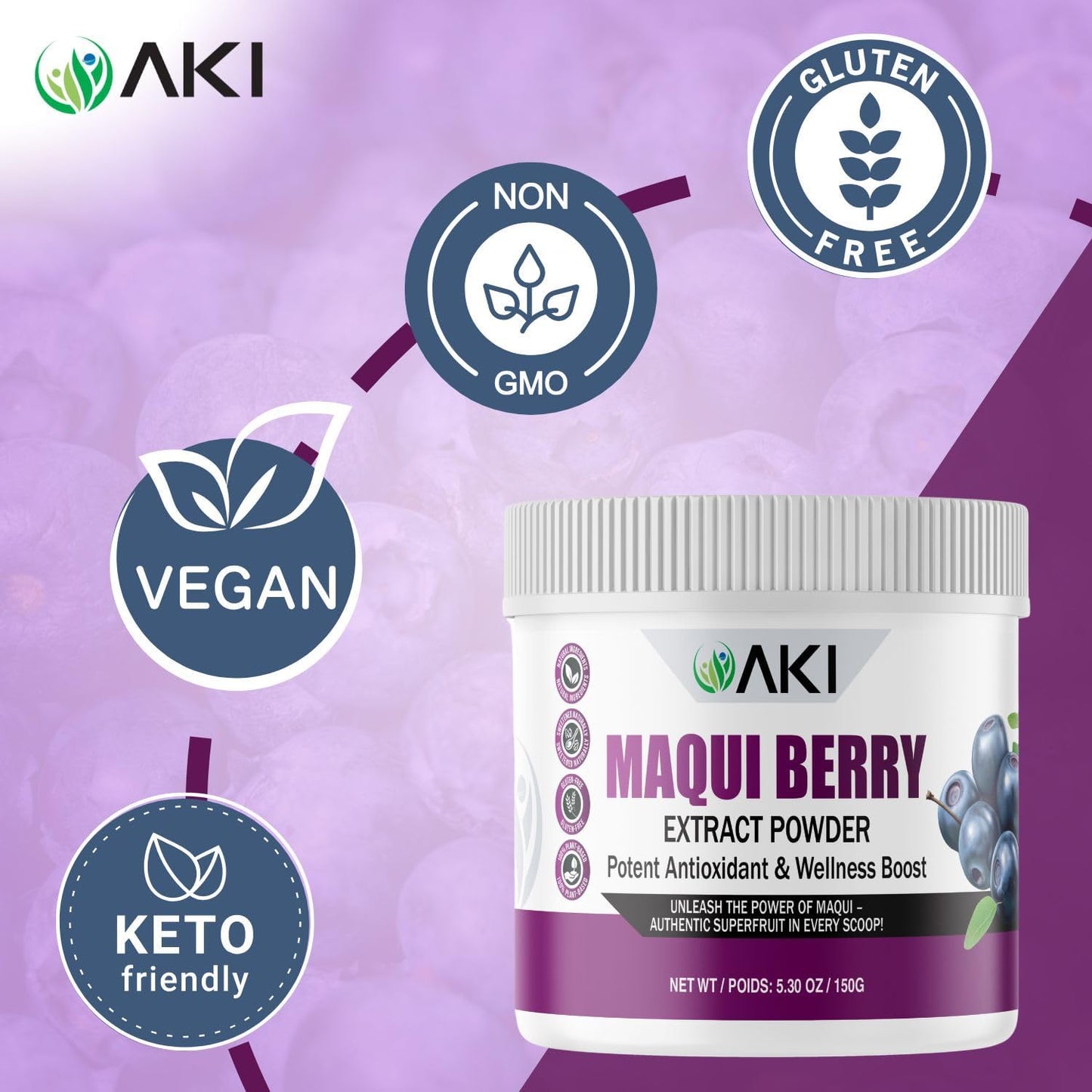 AKI Maqui Berry Extract Powder – Wild Harvested from Patagonia, High in Anthocyanins & Polyphenols, Freeze-Dried Superfruit for Smoothies, Non-GMO, Vegan, 150g/ 5.3 oz - dailyvitalstore
