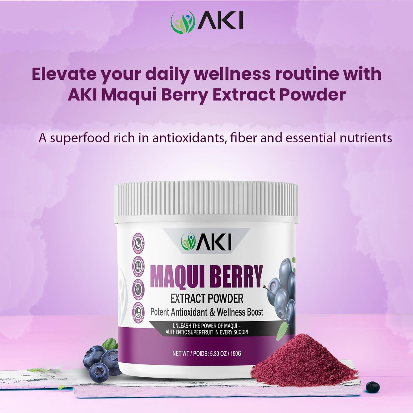 AKI Maqui Berry Extract Powder – Wild Harvested from Patagonia, High in Anthocyanins & Polyphenols, Freeze-Dried Superfruit for Smoothies, Non-GMO, Vegan, 150g/ 5.3 oz - dailyvitalstore