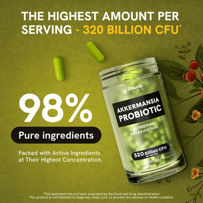 Akkermansia Muciniphila Probiotics 320 Billion CFU| Probiotic and Prebiotic | Akkermansia Probiotics for gut health | Inulin Prebiotic Fiber Capsules Astaxanthin & Berberine & Chromium | 120 capsules - dailyvitalstore