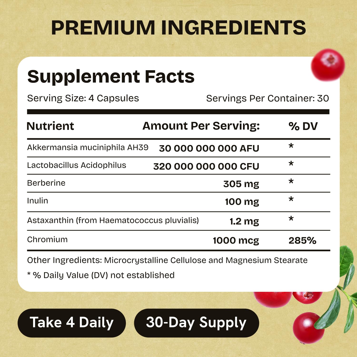 Akkermansia Muciniphila Probiotics 320 Billion CFU| Probiotic and Prebiotic | Akkermansia Probiotics for gut health | Inulin Prebiotic Fiber Capsules Astaxanthin & Berberine & Chromium | 120 capsules - dailyvitalstore