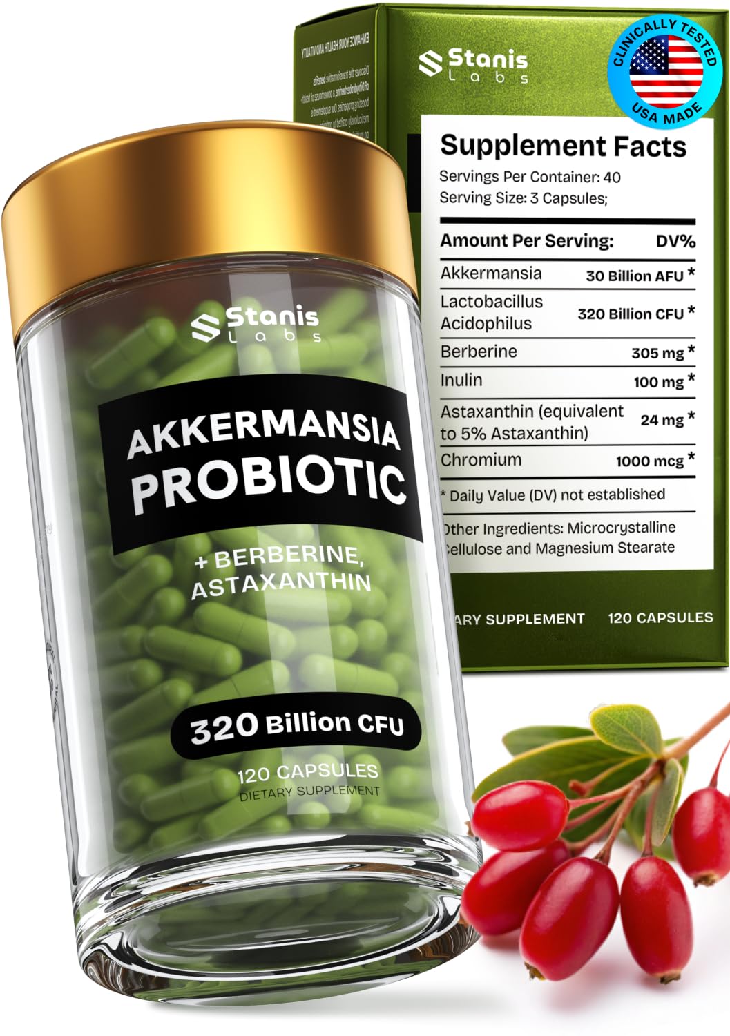 Akkermansia Muciniphila Probiotics 320 Billion CFU| Probiotic and Prebiotic | Akkermansia Probiotics for gut health | Inulin Prebiotic Fiber Capsules Astaxanthin & Berberine & Chromium | 120 capsules - dailyvitalstore