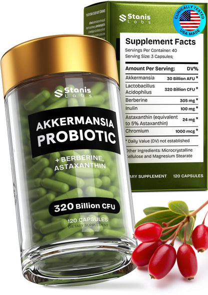 Akkermansia Muciniphila Probiotics 320 Billion CFU| Probiotic and Prebiotic | Akkermansia Probiotics for gut health | Inulin Prebiotic Fiber Capsules Astaxanthin & Berberine & Chromium | 120 capsules - dailyvitalstore