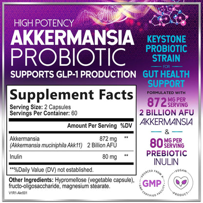 Akkermansia Probiotic - 2 Billion AFU per Serving - Best Strain Production Support with Prebiotic Fiber for Natural Digestive & Gut Health - dailyvitalstore