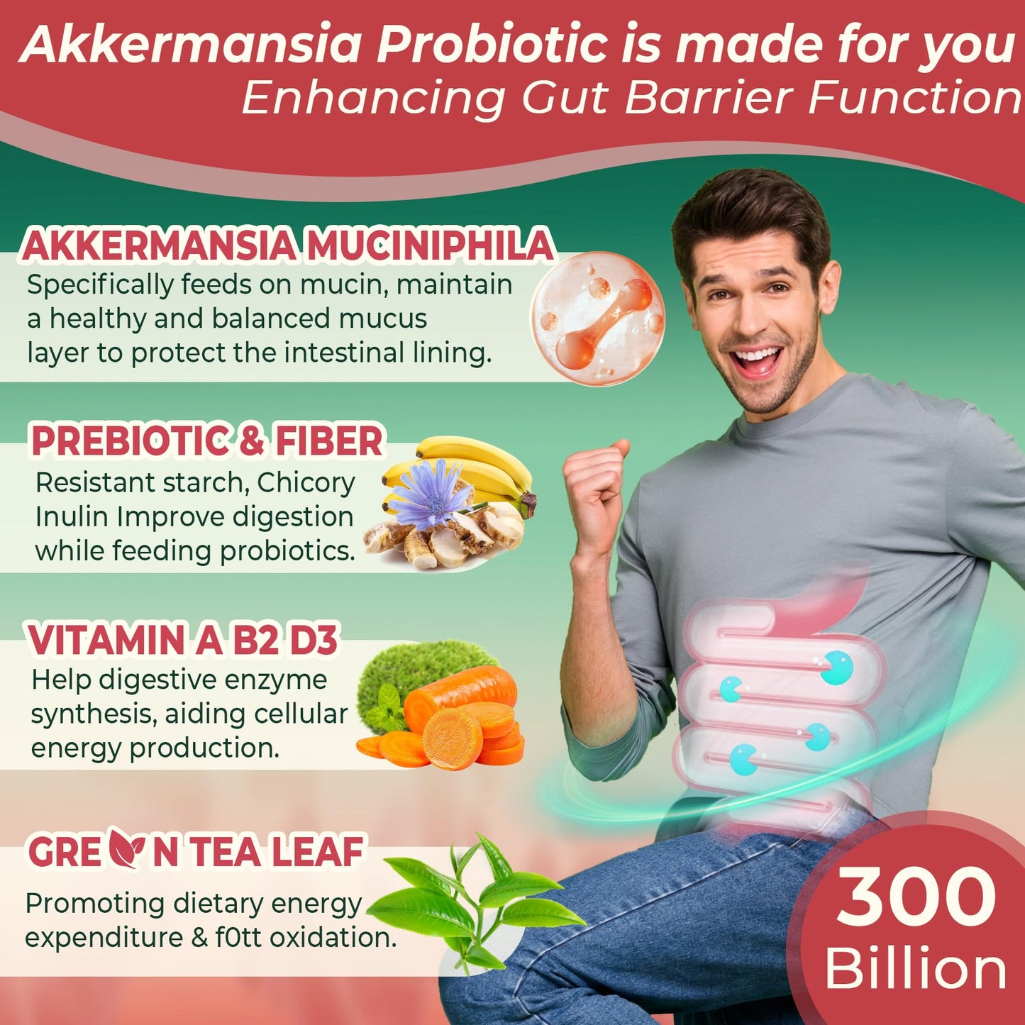 Akkermansia Probiotics Gummies with Prebiotics Fiber, 300 Billion AFU Akkermansia Muciniphila, with Polyphenol Fruits, Resistant Starch - dailyvitalstore