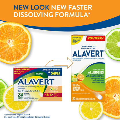 Alavert 24 Hour Allergy Relief Tablets, Non-Drowsy Antihistamine, Orally Disintegrating Allergy Tablets, Loratadine 10 mg, Citrus Burst Flavor, 18 Count - dailyvitalstore