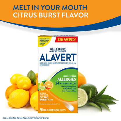 Alavert 24 Hour Allergy Relief Tablets, Non-Drowsy Antihistamine, Orally Disintegrating Allergy Tablets, Loratadine 10 mg, Citrus Burst Flavor, 18 Count - dailyvitalstore