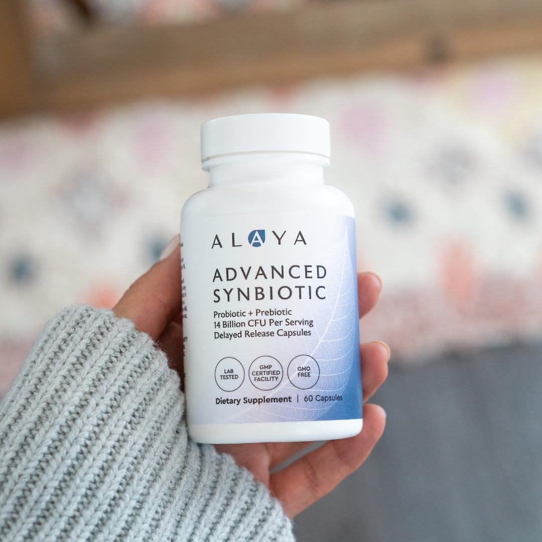 Alaya Naturals Advanced Synbiotic - Probiotic + Prebiotic - 14 Billion CFU Delayed Release Probiotic Supplement with Prebiotics from Sunfiber®, and L-glutamine for Gut Lining Integrity - 60 Capsules - dailyvitalstore